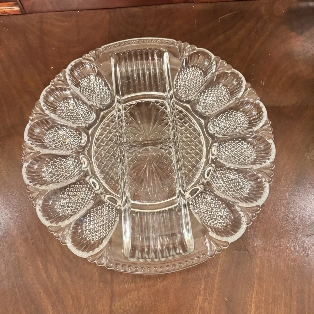 Vintage L.E. Smith Clear Glass Deviled Egg Plate Relish Tray Diamond Point 12